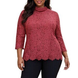 Appleseeds Size 14 Top Red Lace Mock Neck 3/4 Sleeves Scalloped Hem Back Zip